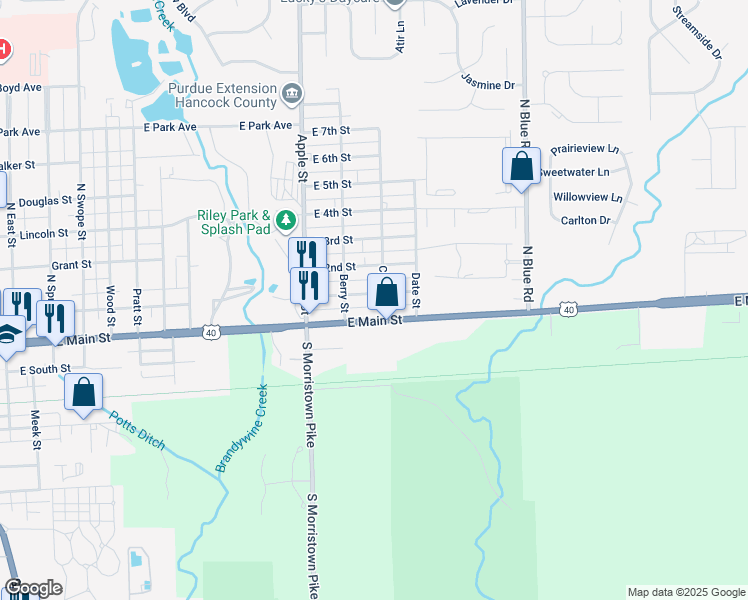 map of restaurants, bars, coffee shops, grocery stores, and more near 1208 East Main Street in Greenfield