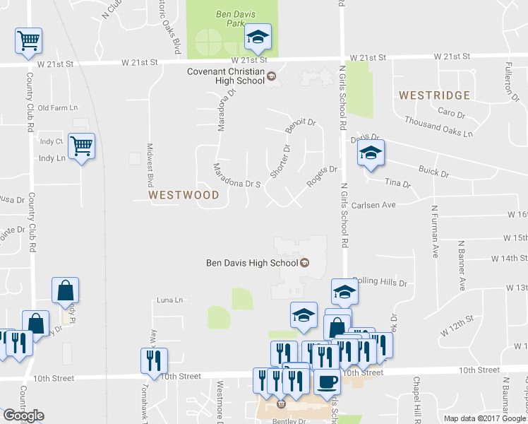 map of restaurants, bars, coffee shops, grocery stores, and more near 1612 Durden Court in Indianapolis