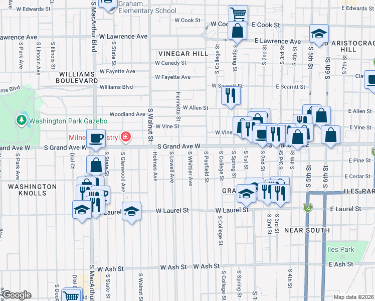 map of restaurants, bars, coffee shops, grocery stores, and more near 1330 South Whittier Avenue in Springfield