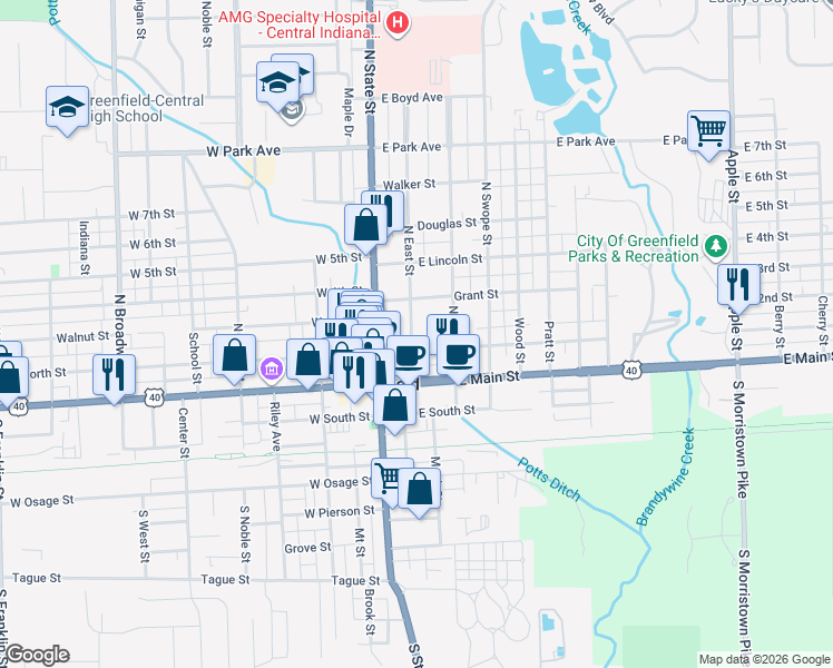 map of restaurants, bars, coffee shops, grocery stores, and more near 28 North East Street in Greenfield