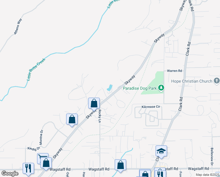 map of restaurants, bars, coffee shops, grocery stores, and more near 8777 Skyway in Paradise