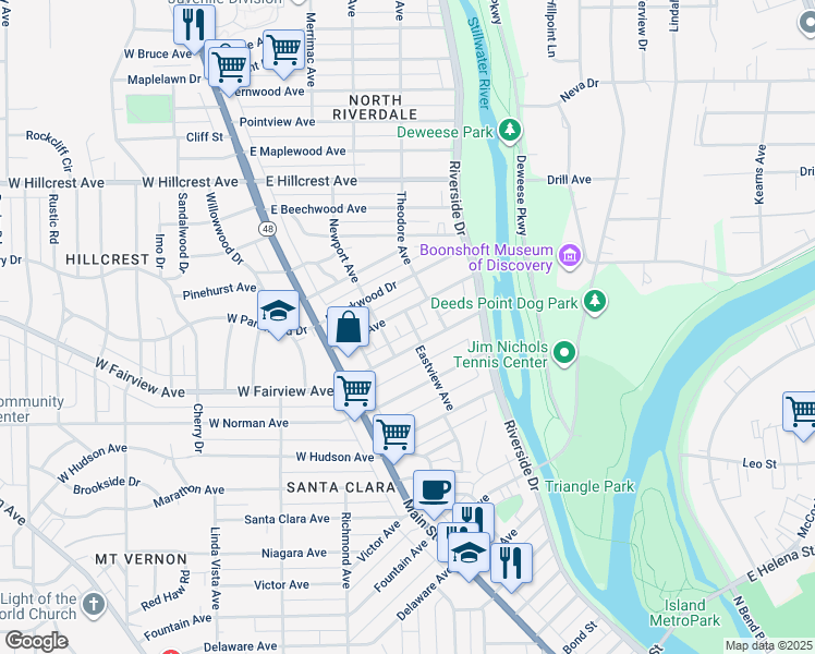 map of restaurants, bars, coffee shops, grocery stores, and more near 2319 Eastview Avenue in Dayton