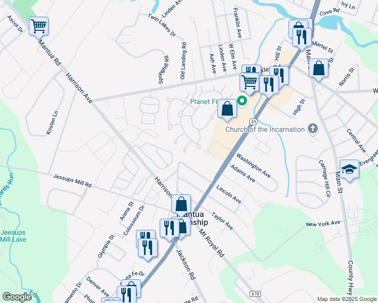 map of restaurants, bars, coffee shops, grocery stores, and more near in Mantua Township