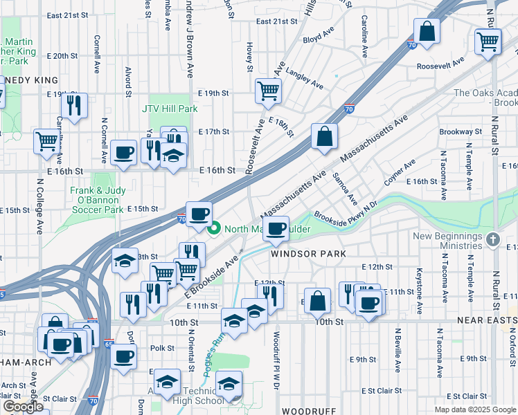 map of restaurants, bars, coffee shops, grocery stores, and more near 1547 Roosevelt Avenue in Indianapolis