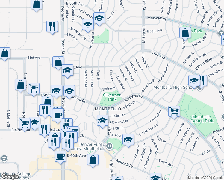 map of restaurants, bars, coffee shops, grocery stores, and more near 12950 East 50th Avenue in Denver