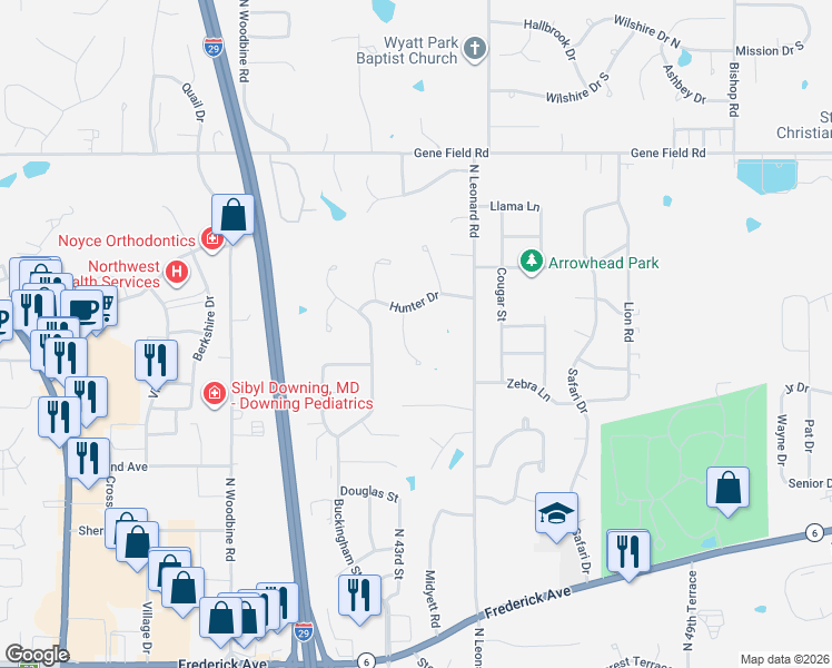 map of restaurants, bars, coffee shops, grocery stores, and more near 4404 Hunter Drive in Saint Joseph