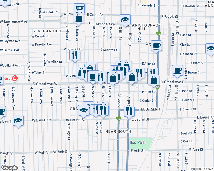 map of restaurants, bars, coffee shops, grocery stores, and more near 1200 South 3rd Street in Springfield