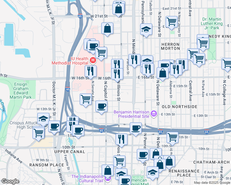 map of restaurants, bars, coffee shops, grocery stores, and more near 1516 North Illinois Street in Indianapolis
