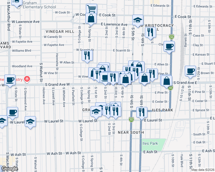 map of restaurants, bars, coffee shops, grocery stores, and more near 204 South Grand Avenue West in Springfield
