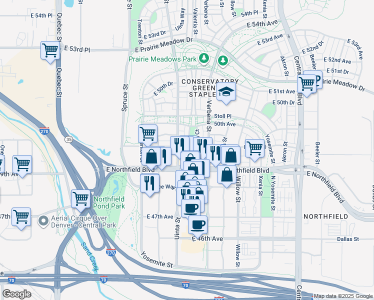map of restaurants, bars, coffee shops, grocery stores, and more near 4941 Valentia Street in Denver
