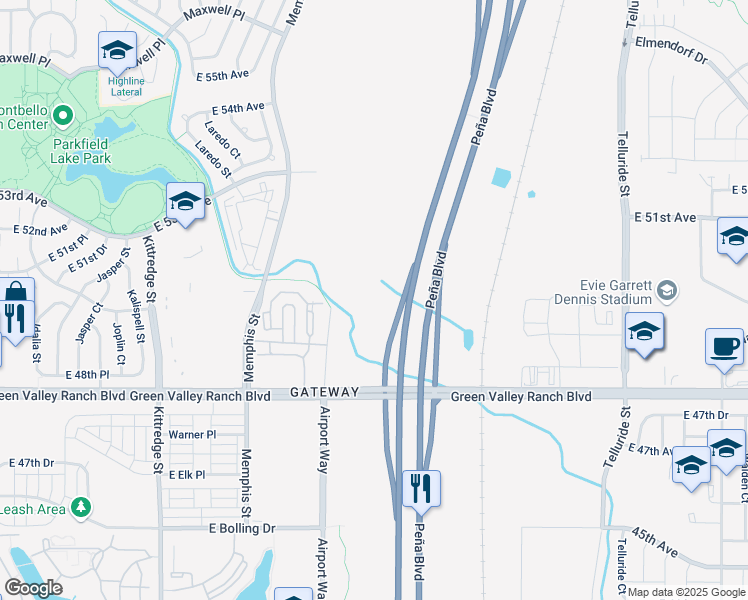 map of restaurants, bars, coffee shops, grocery stores, and more near 16101 Green Valley Ranch Boulevard in Denver