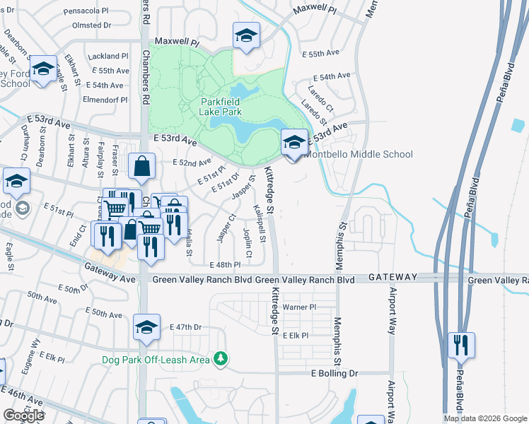 map of restaurants, bars, coffee shops, grocery stores, and more near 5167 Kittredge Street in Denver