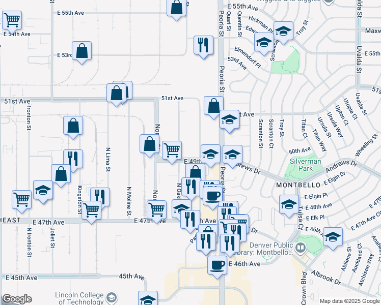 map of restaurants, bars, coffee shops, grocery stores, and more near 4950 Oakland St in Denver