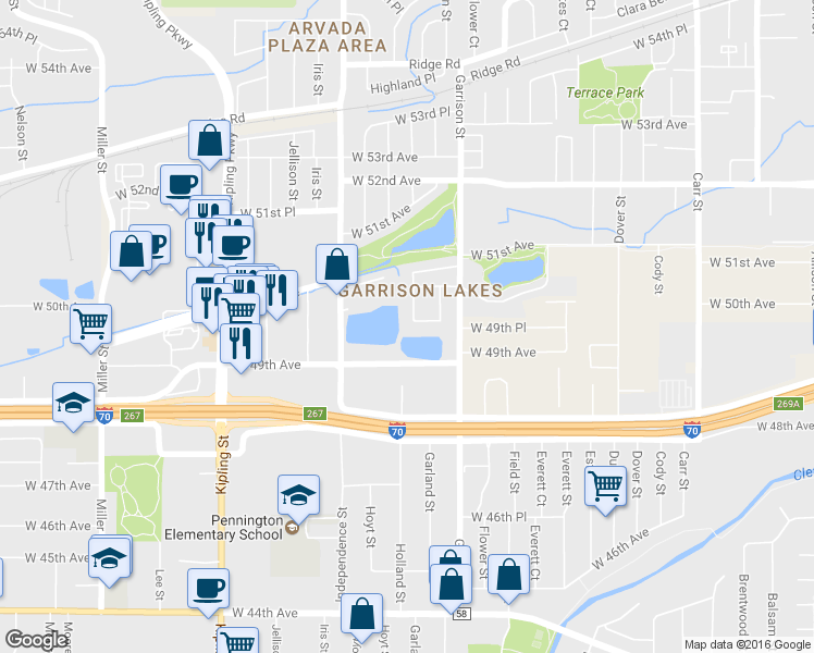 map of restaurants, bars, coffee shops, grocery stores, and more near in Wheat Ridge