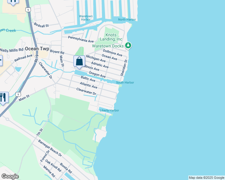 map of restaurants, bars, coffee shops, grocery stores, and more near 120 Baltic Avenue in Ocean Township