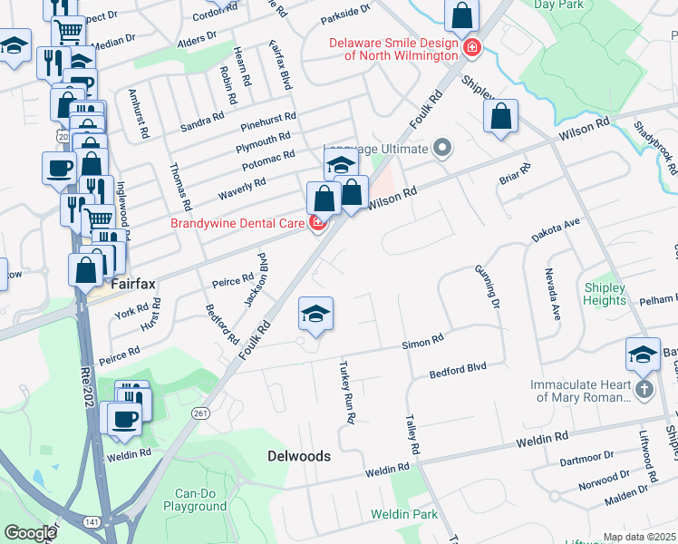 map of restaurants, bars, coffee shops, grocery stores, and more near 704 Foulk Road in Wilmington
