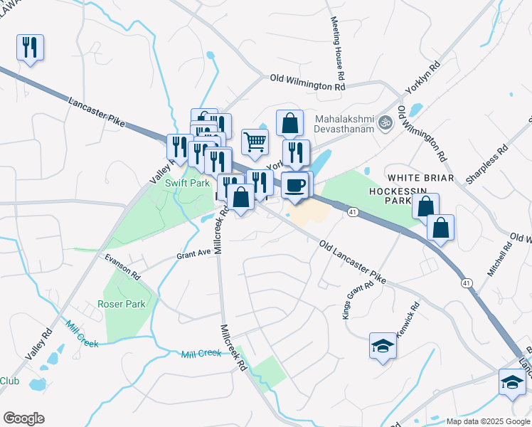 map of restaurants, bars, coffee shops, grocery stores, and more near 1207 Old Lancaster Pike in Hockessin