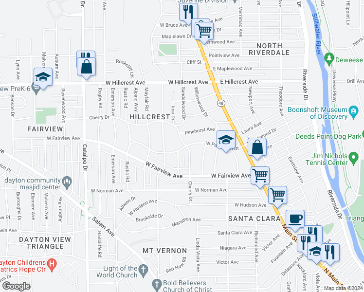 map of restaurants, bars, coffee shops, grocery stores, and more near 419 Cherry Drive in Dayton