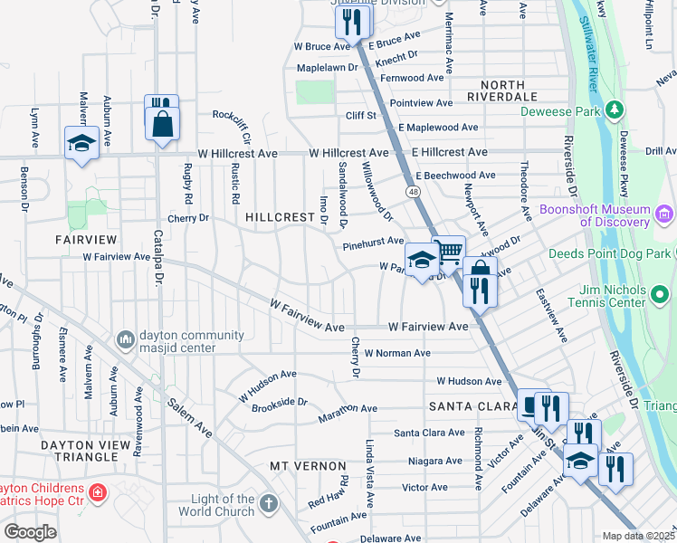 map of restaurants, bars, coffee shops, grocery stores, and more near 419 Cherry Drive in Dayton
