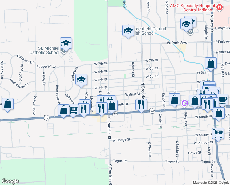 map of restaurants, bars, coffee shops, grocery stores, and more near 944 West 4th Street in Greenfield