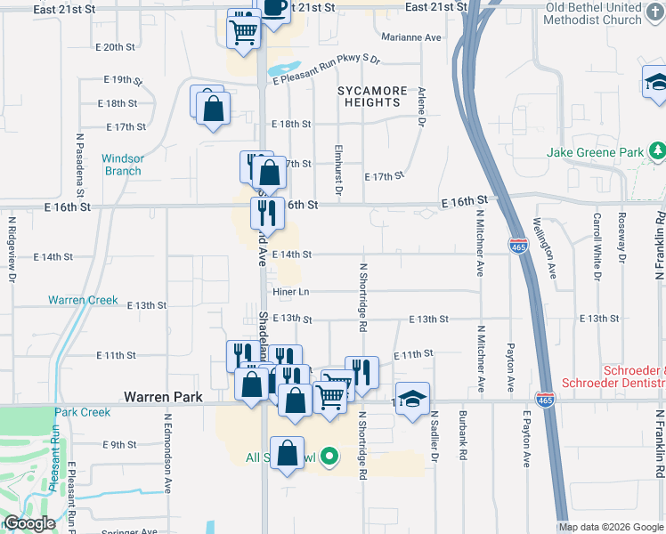 map of restaurants, bars, coffee shops, grocery stores, and more near 7112 East 14th Street in Indianapolis