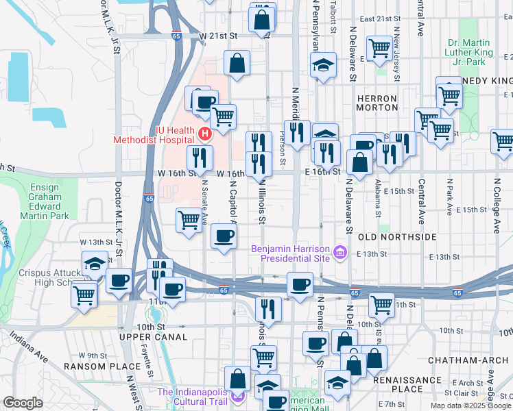 map of restaurants, bars, coffee shops, grocery stores, and more near 1516 North Illinois Street in Indianapolis