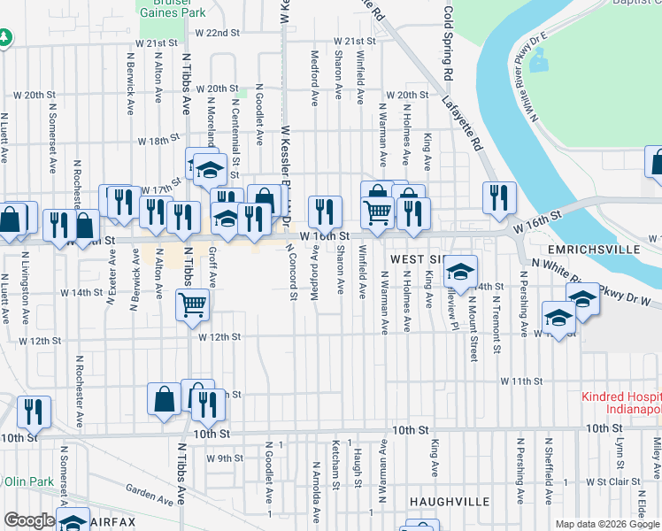map of restaurants, bars, coffee shops, grocery stores, and more near 1435 Medford Avenue in Indianapolis