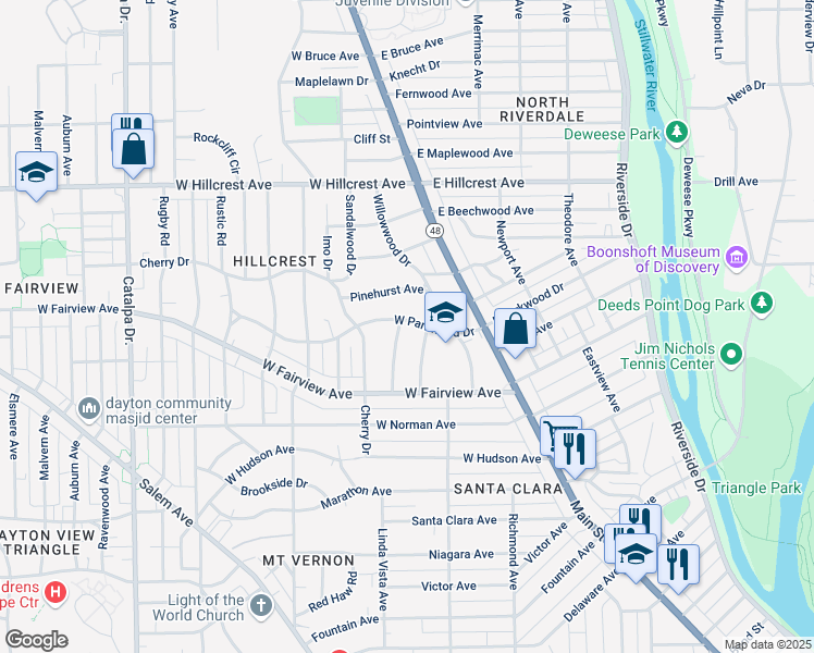 map of restaurants, bars, coffee shops, grocery stores, and more near 156 West Parkwood Drive in Dayton