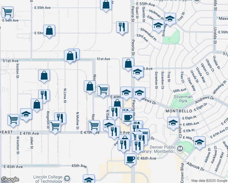 map of restaurants, bars, coffee shops, grocery stores, and more near 11925 East 49th Avenue in Denver