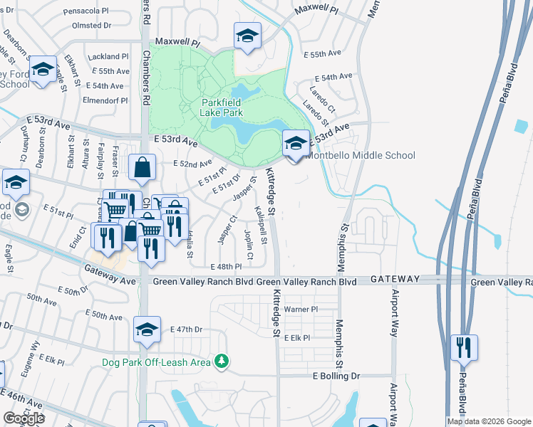 map of restaurants, bars, coffee shops, grocery stores, and more near 5167 Kittredge Street in Denver