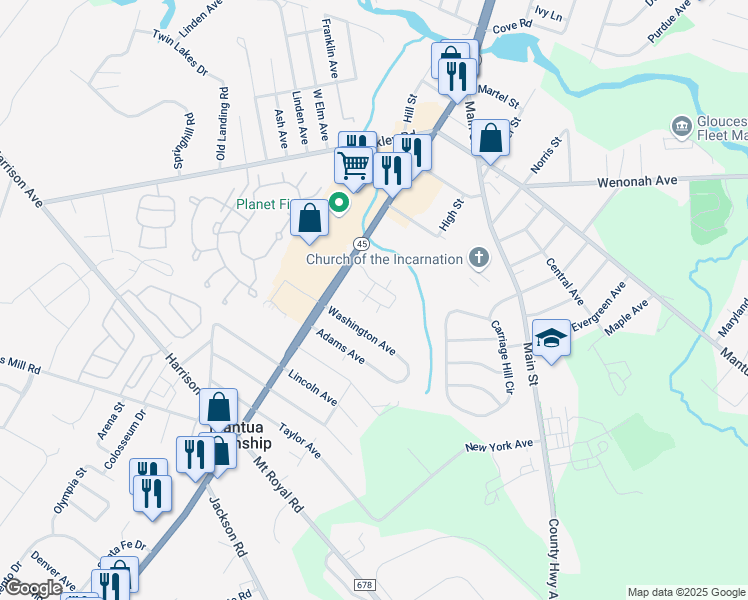 map of restaurants, bars, coffee shops, grocery stores, and more near 5 Barry Drive in Mantua Township
