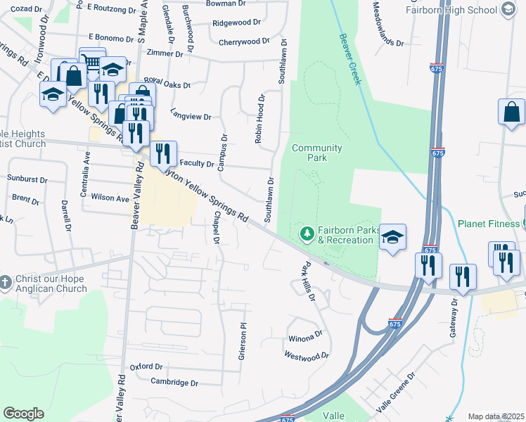 map of restaurants, bars, coffee shops, grocery stores, and more near 2000 Campus Drive in Fairborn