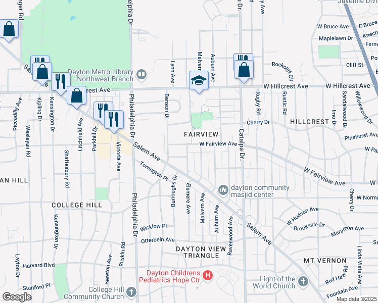 map of restaurants, bars, coffee shops, grocery stores, and more near 2160 Elsmere Avenue in Dayton