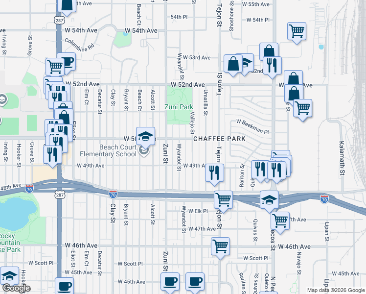 map of restaurants, bars, coffee shops, grocery stores, and more near 5001 Wyandot Street in Denver