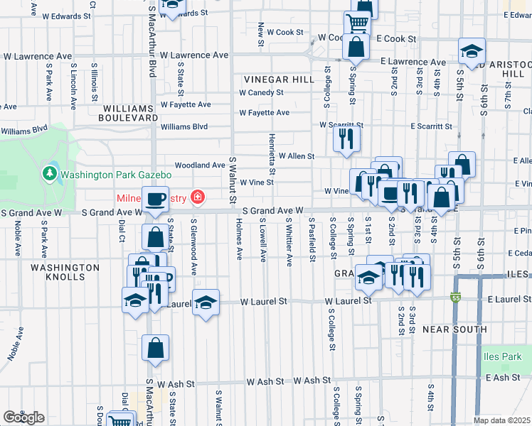 map of restaurants, bars, coffee shops, grocery stores, and more near 1221 Henrietta Street in Springfield