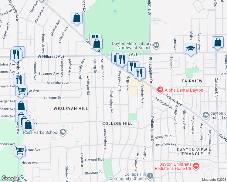 map of restaurants, bars, coffee shops, grocery stores, and more near 2046 Shaftesbury Road in Dayton