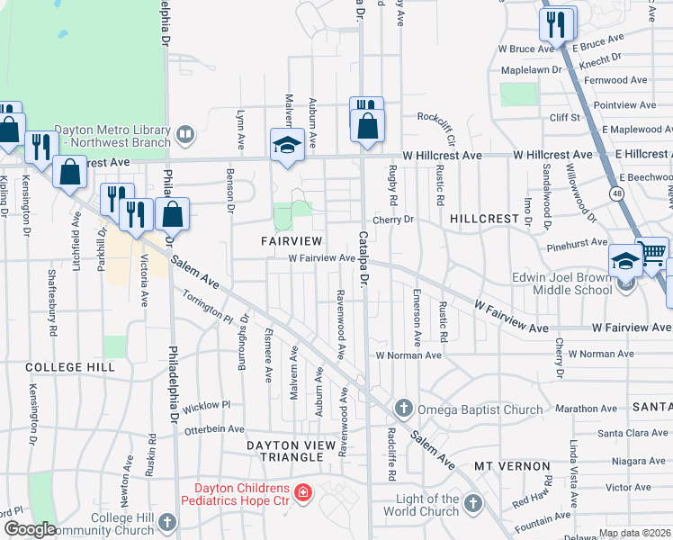 map of restaurants, bars, coffee shops, grocery stores, and more near 923 West Fairview Avenue in Dayton