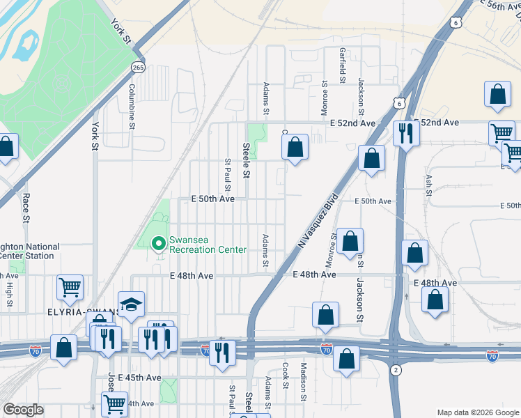 map of restaurants, bars, coffee shops, grocery stores, and more near 5001 Adams Street in Denver