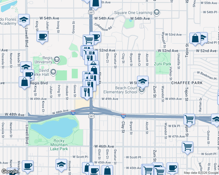 map of restaurants, bars, coffee shops, grocery stores, and more near 5000 Elm Court in Denver