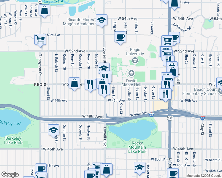 map of restaurants, bars, coffee shops, grocery stores, and more near in Denver