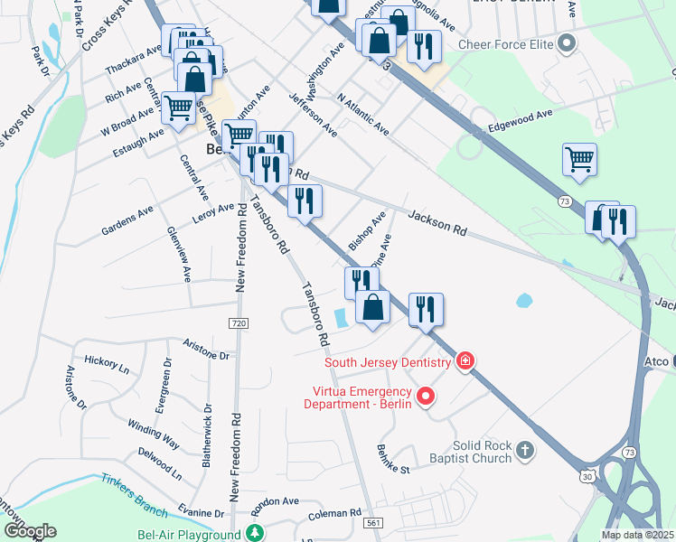 map of restaurants, bars, coffee shops, grocery stores, and more near 273 U.S. 30 in Berlin