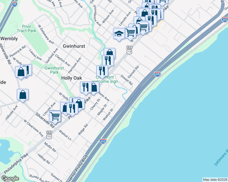 map of restaurants, bars, coffee shops, grocery stores, and more near 101 Garrett Road in Claymont