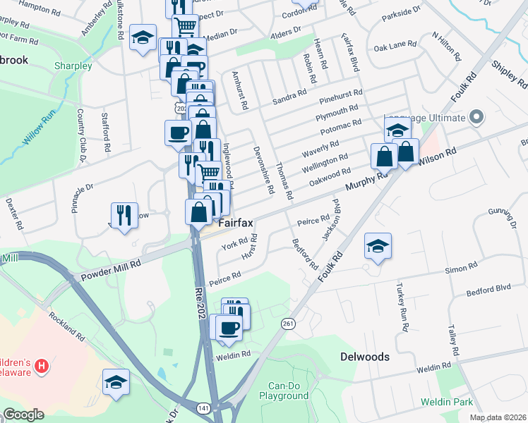 map of restaurants, bars, coffee shops, grocery stores, and more near 120 Devonshire Road in Wilmington