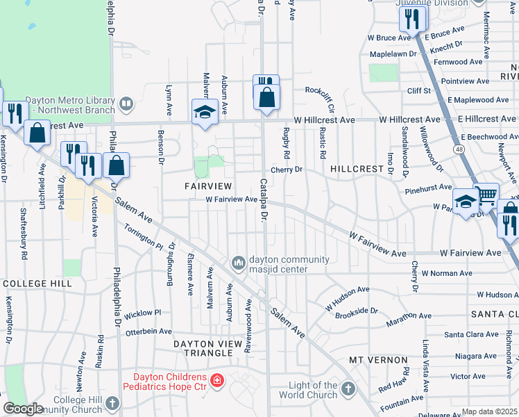 map of restaurants, bars, coffee shops, grocery stores, and more near 923 West Fairview Avenue in Dayton