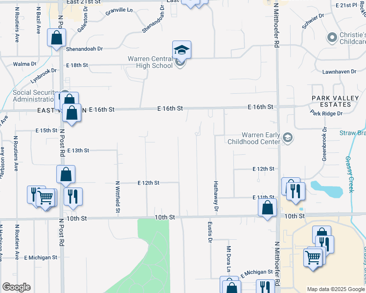 map of restaurants, bars, coffee shops, grocery stores, and more near 1340 Eustis Drive in Indianapolis