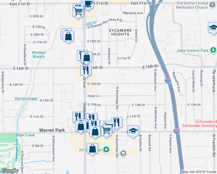 map of restaurants, bars, coffee shops, grocery stores, and more near 7112 East 14th Street in Indianapolis