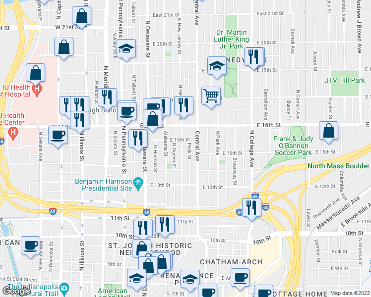 map of restaurants, bars, coffee shops, grocery stores, and more near 1502 North New Jersey Street in Indianapolis