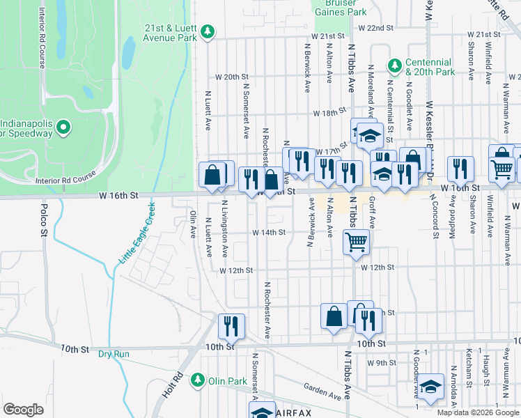 map of restaurants, bars, coffee shops, grocery stores, and more near 3607 West 16th Street in Indianapolis