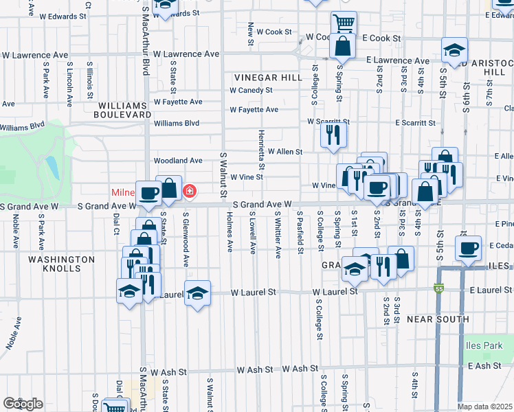 map of restaurants, bars, coffee shops, grocery stores, and more near 1221 Henrietta Street in Springfield
