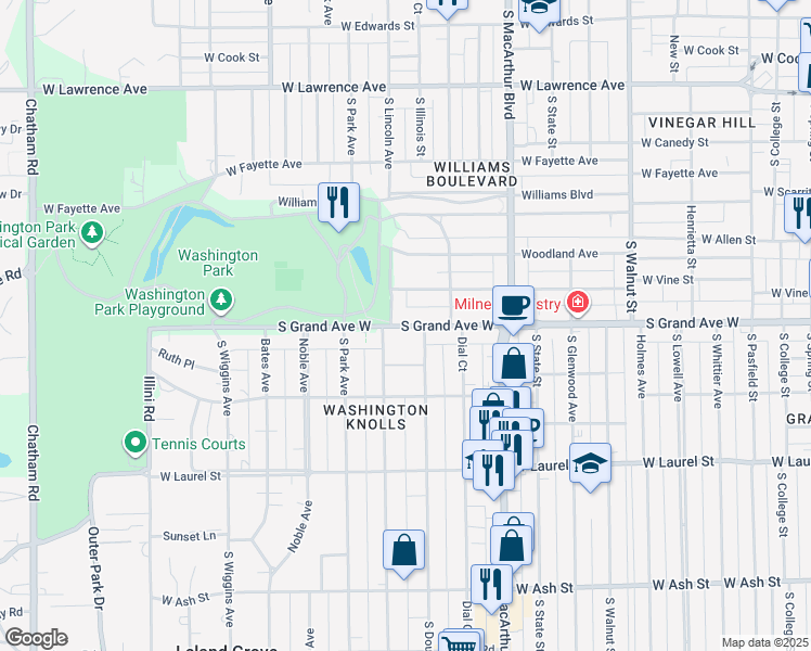 map of restaurants, bars, coffee shops, grocery stores, and more near 1120 West Vine Street in Springfield
